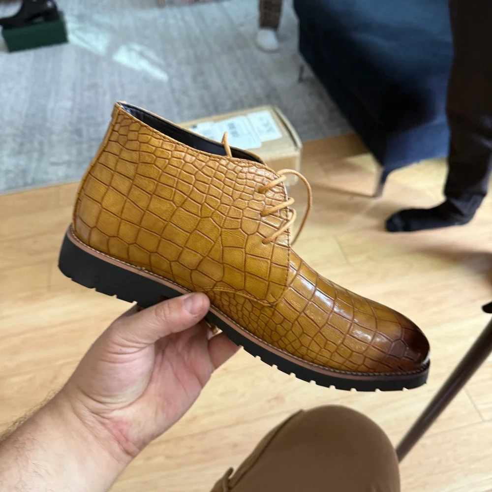Santimon‎ Men's US 8.5 Tan Embossed Lace Up Pointed Toe Ankle Casual Boots